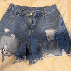 SHEIN Distressed High-Rise Ripped Denim Shorts - Blue